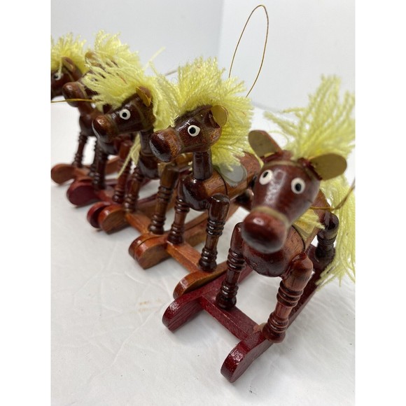 🐎 Set Of 5-Vintage Wooden Toy ORNAMENTS Rocking Horses Yarn Mane & Tail - Picture 7 of 14